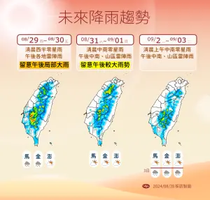 ▲週四（8/29）水氣增多，全台都要留意午後雷陣雨的發生，是本週天氣最不穩的一天。（圖／中央氣象署）