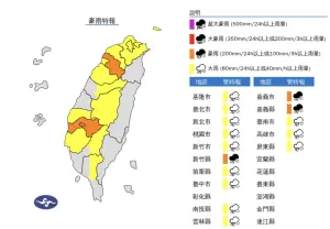 ▲氣象署下午針對15縣市發布「大雨、豪雨特報」，今明兩天水氣較多，民眾務必攜帶雨具出門。（圖／中央氣象署）