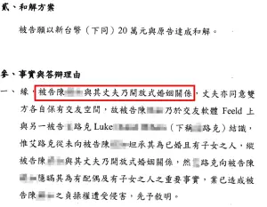 ▲小三答辯狀中申明，和丈夫是開放式婚姻關係，彼此不約束，還稱機師隱瞞已婚身分，致其貞操權受損。（圖／當事人提供）