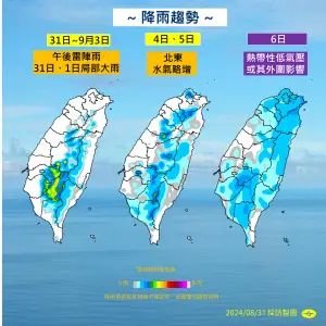 ▲下週三、下週四（4日、5日）因低壓帶外圍帶來水氣，且風向轉東北風，迎風面東半部、恆春半島、大台北地區不定時有雨。（圖／中央氣象署提供）