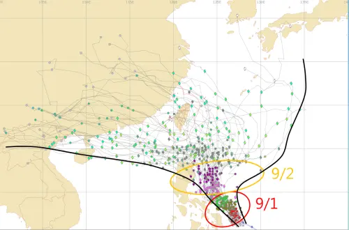 ▲摩羯颱風路徑，從「往西移動到南海、往北移動到日本南方」的整個大範圍都有可能發生。（圖／中央氣象署）