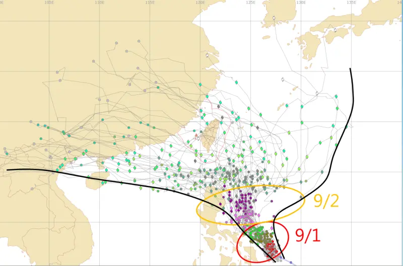 ▲摩羯颱風路徑預測，從往西移動到南海、往北移動到日本南方都有可能發生。（圖／中央氣象署）