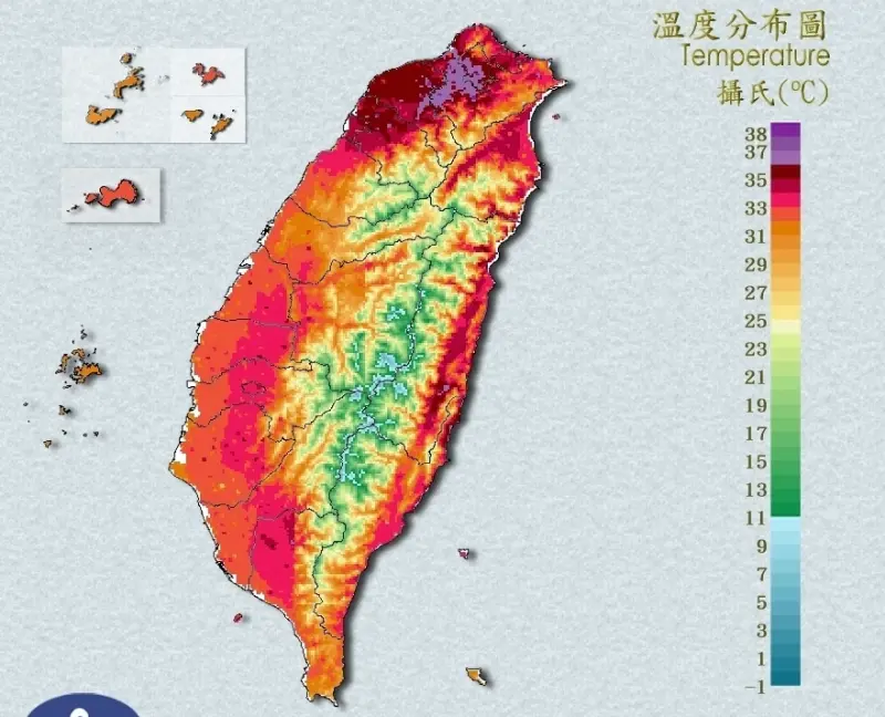 ▲今天大台北地區的氣溫在中午左右直線飆升，溫度分布圖上一塊「紅到發紫」相當顯眼，新北三峽飆出攝氏39.3度的極端高溫。（圖／中央氣象署）