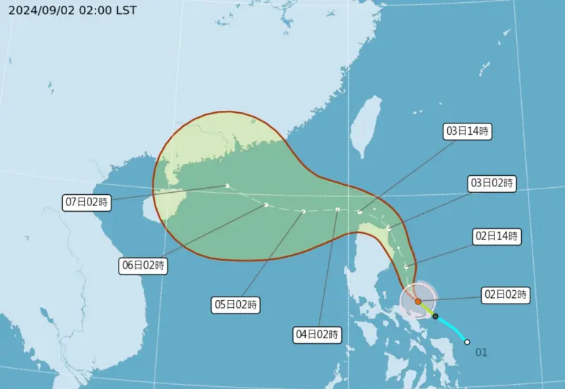 ▲摩羯颱風日前形成，原本預估路徑有機率侵台，不過根據最新路徑潛勢預測圖顯示，摩羯颱風路徑90度大轉彎，侵台機率變小。（圖/中央氣象署）