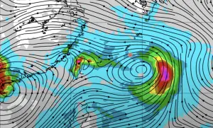 ▲歐洲模式預估，當摩羯颱風抵達中國海南島後，琉球群島東南方有機會生成麗琵颱風，路徑朝台灣而來。（圖／賈新興YouTube）
