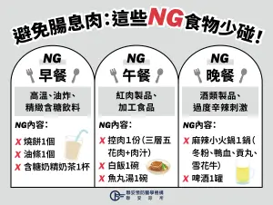 ▲想預防大腸癌纏身，平時要避免經常性的大魚大肉，加工食品、高溫油炸類、菸酒等飲食。（圖／聯安預防醫學機構提供）