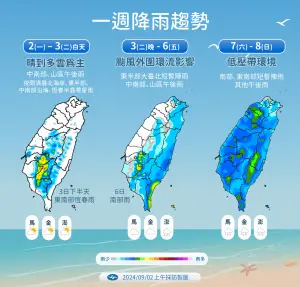 ▲摩羯颱風明晚開始會帶來雨勢，週末低壓帶影響，全台降雨機率都偏高。（圖／中央氣象署）