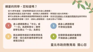 ▲北市教育局製作小卡提供高中職學生了解身心調適假的請假規範及自我檢核評估方式。（圖/北市教育局提供）