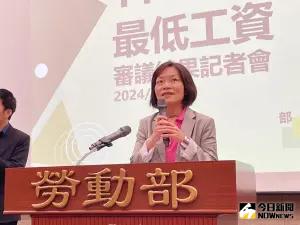 ▲勞動部長何佩珊出席114年最低工資審議結果記者會。（圖／記者林則澄攝，2024.09.04）