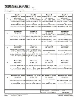 ▲台北羽球公開賽9/5賽程表，戴資穎、周天成等被排在第一球場。（圖／台北羽球公開賽主辦單位提供）