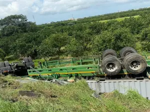 國1麻豆段驚悚車禍！貨櫃車失控衝撞護欄翻覆　駕駛受困車內待援
