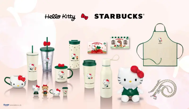 ▲三麗鷗Hello Kitty星巴克聯名台灣9月10日開賣，超可愛蝴蝶結馬克杯組、TOGO冷水杯、手機掛繩、綠圍裙凱蒂貓、杯緣子滿額贈品必搶，銷售辦法、排隊規則一次看。（圖／星巴克提供）