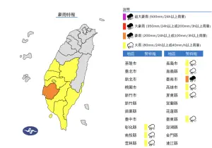 ▲氣象署發布豪雨特報，今（5）日臺南市有局部大雨或豪雨，嘉義以南及臺東地區有局部大雨發生的機率，請注意雷擊及強陣風。（圖／中央氣象署）