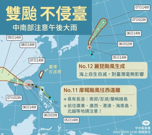 ▲目前西北太平洋呈現「雙颱共舞」的局面，分別是摩羯颱風和麗琵颱風。（圖／中央氣象署）