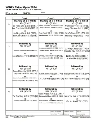 ▲台北羽球公開賽9/6賽程表，戴資穎被排在第一球場。（圖／台北羽球公開賽主辦單位提供）