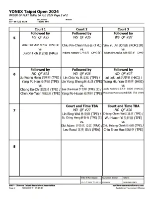 ▲台北羽球公開賽9/6賽程表，周天成被排在第一球場。（圖／台北羽球公開賽主辦單位提供）