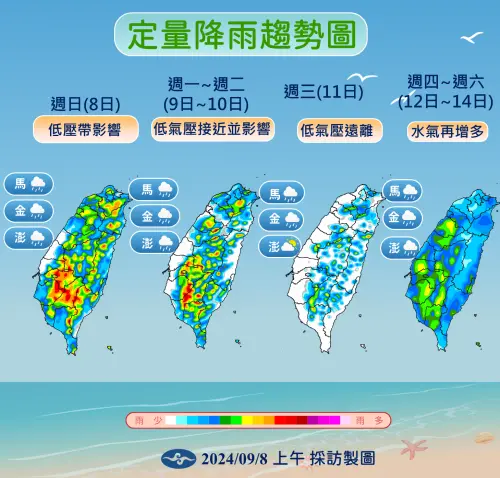 ▲未來一週，台灣持續處在低壓帶不穩定的天氣範圍中，各地都要留意午後雷陣雨。（圖／中央氣象署）