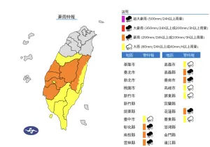 ▲氣象署針對11縣市發布大雨、豪雨特報，提醒民眾午後雷陣雨又急又快，務必嚴防短延時強降雨。（圖／中央氣象署）