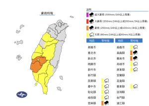 ▲午後對流發展旺盛，中央氣象署發布「大雨特報」，中南部各縣市天氣變化大，外出務必特別留意。（圖／中央氣象署）