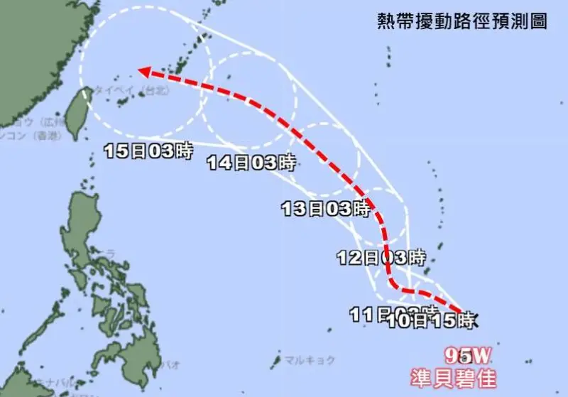 ▲貝碧佳颱風最快明天生成，且路徑一路朝西北移動，週末外圍環流會影響台灣。（圖／臉書林老師氣象站）