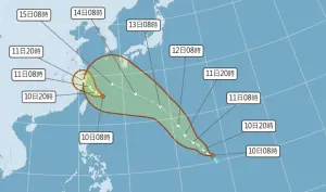 ▲今（10）日上午，台灣東方一連出現2個「熱帶性低氣壓」，較遠方的增強為颱風機率較高。（圖／中央氣象署）