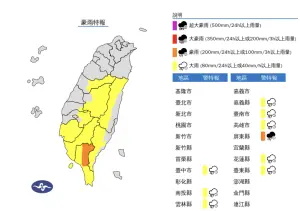 ▲氣象署發布「大雨、豪雨特報」，午後對流雲系發展旺盛，中南部、花東今天易有短延時強降雨。（圖／中央氣象署）