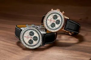 ▲百年靈Navitimer B01 Chronograph 43航空計時腕錶星宇航空特別版精鋼款與18K紅金款。（圖／百年靈提供）