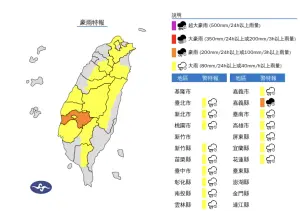 ▲氣象署發布「豪雨特報」，今天午後雷陣雨集中在中南部、各地山區，外出務必留意雨勢、強陣風。（圖／中央氣象署）