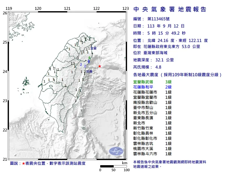 ▲今日清晨5時15分，台灣東部海域發生芮氏規模4.8地震。（圖／中央氣象局）