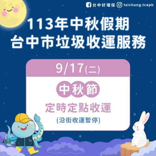 ▲台中市9月17日中秋節垃圾車停止沿街垃圾收運，當天改為定時定點服務。（圖／台中市環保局提供）