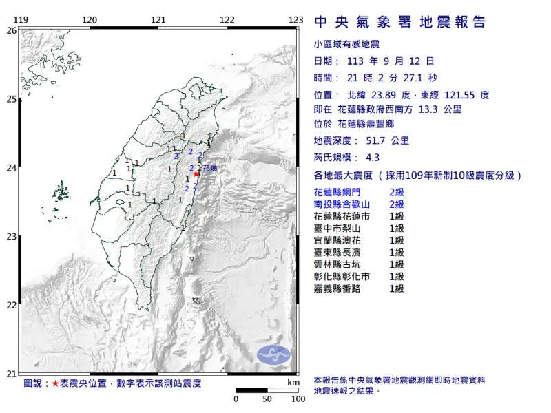 ▲據中央氣象署地震測報中心資料顯示，今（12）日晚間9時02分花蓮縣壽豐鄉發生芮氏規模4.3地震。（圖／中央氣象署）