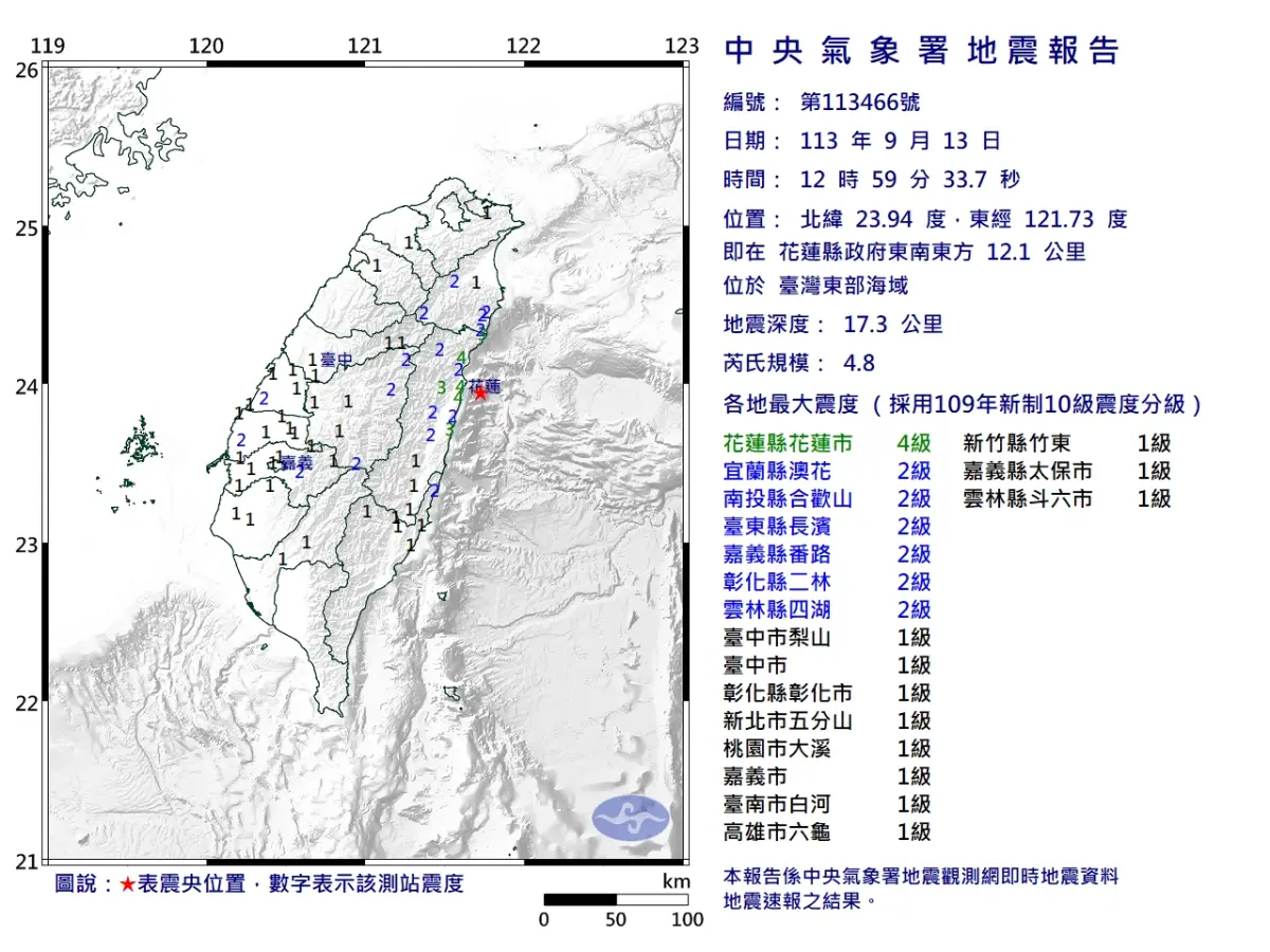 快訊／地牛翻身了！花蓮12:59「規模4.8地震」 宜蘭也有感搖晃