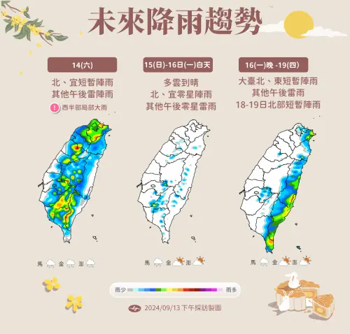 ▲下週一至下週二中秋節，水氣增加，東半部、恆春半島、大台北有短暫陣雨，午後各地有局部短暫雷陣雨。（圖／中央氣象署提供）