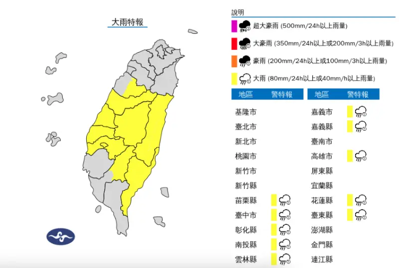 ▲今（13）日臺中至嘉義、南投、花蓮、臺東地區及苗栗、高雄山區有局部大雨發生的機率。（圖／翻攝自中央氣象署）