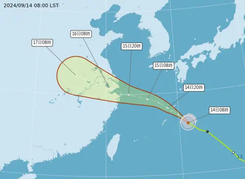 ▲今（14）日貝碧佳颱風逐漸影響琉球海面，受到它外圍環流影響，今天新竹以北到東北角整天都有短暫雨發生機會。（圖／中央氣象署提供）