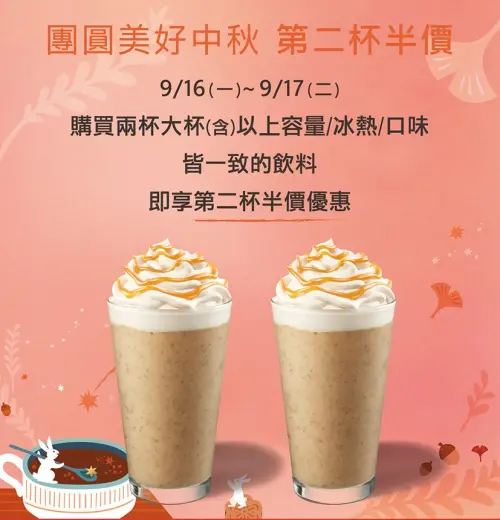 ▲星巴克9月16日、17日限定，買兩杯大杯以上享第2杯半價。（圖／業者提供）