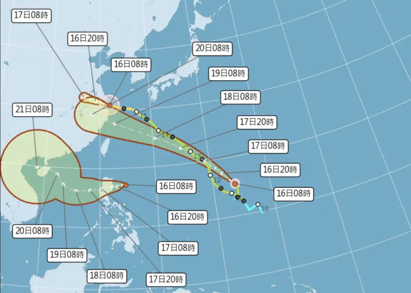 ▲除了葡萄桑、貝碧佳2個颱風之外，菲律賓附近又出現熱帶性低氣壓，明天中秋節有機會增強為蘇力颱風。（圖／中央氣象署）