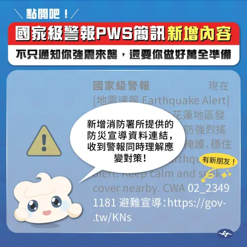 ▲地震國家級警報新增「避難宣導守則」和「地震中心聯絡電話」，希望能藉此讓地震發生當下，民眾能夠更冷靜應對。（圖／中央氣象署）