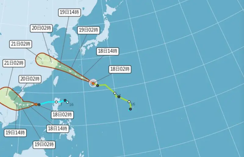 ▲葡萄桑颱風（上路線）、準蘇力颱風（下路線）最新預測路徑，兩者皆不會對台直接影響。（圖/中央氣象署）