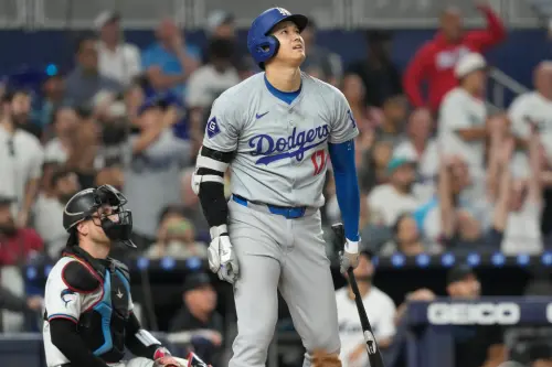 ▲MLB洛杉磯道奇日籍強打大谷翔平，今（20）日在對上邁阿密馬林魚的比賽中，敲出本季第49轟，生涯在大聯盟累積220轟。（圖／美聯社／達志影像）