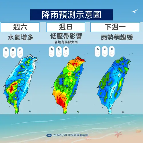 ▲週六至下週二受到低壓帶影響，天氣相當不穩定，降雨最猛時間點落在週六（21日）晚間至週日（22日）。（圖／中央氣象署提供）