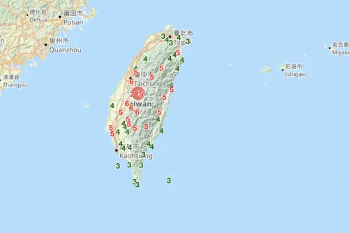 ▲921大地震當年替全台灣都帶來明顯的搖晃，尤其南投有7級震度，雲林、台中、嘉義也有6級。（圖／中央氣象署）