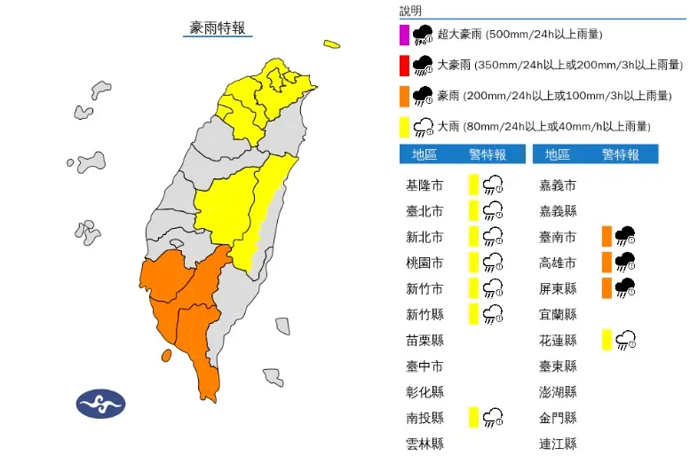 ▲臺南市、高雄市、屏東縣有局部大雨或豪雨，新竹以北、南投地區及花蓮山區有局部大雨發生機率。（圖／翻攝自中央氣象署）