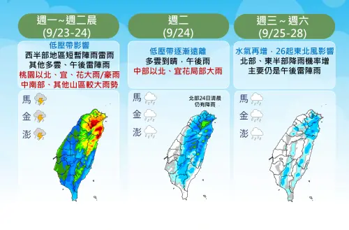 ▲低壓帶預估影響台灣到週二，週三過後，各地主要以午後雷陣雨為主。（圖／中央氣象署）