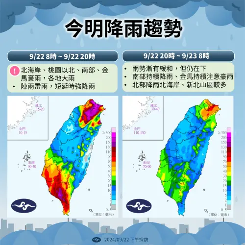 ▲今晚至明晨，低壓帶持續替台灣帶來明顯雨勢，北台灣週一白天要留意較劇烈的降雨。（圖／中央氣象署）