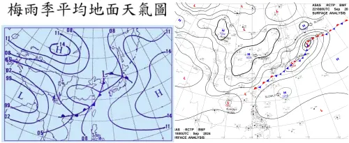 ▲鄭明典分享，地面天氣圖中，梅雨季（左）和近幾天的情況（右）相當類似。（圖／鄭明典臉書）