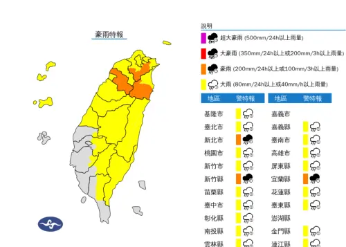 ▲受到鋒面影響，晚間全台20縣市易有短延時強降雨。（圖／中央氣象署）