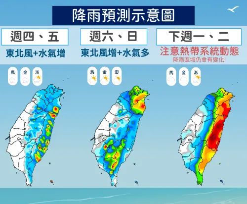 ▲未來一週的水氣依舊偏多，降雨熱區在北台灣、東半部，尤其下週一起天氣特別不穩定，要留意異常降雨出現。（圖／中央氣象署）