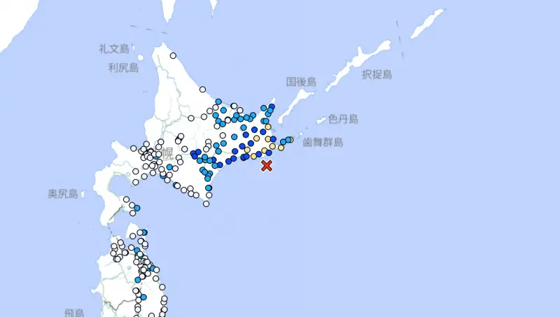 ▲日本北海道釧路市外海於今（26）日下午3時1分，當地時間4時1分發生地震，規模達5.7，最大震度4。（圖／翻攝自日本氣象廳）