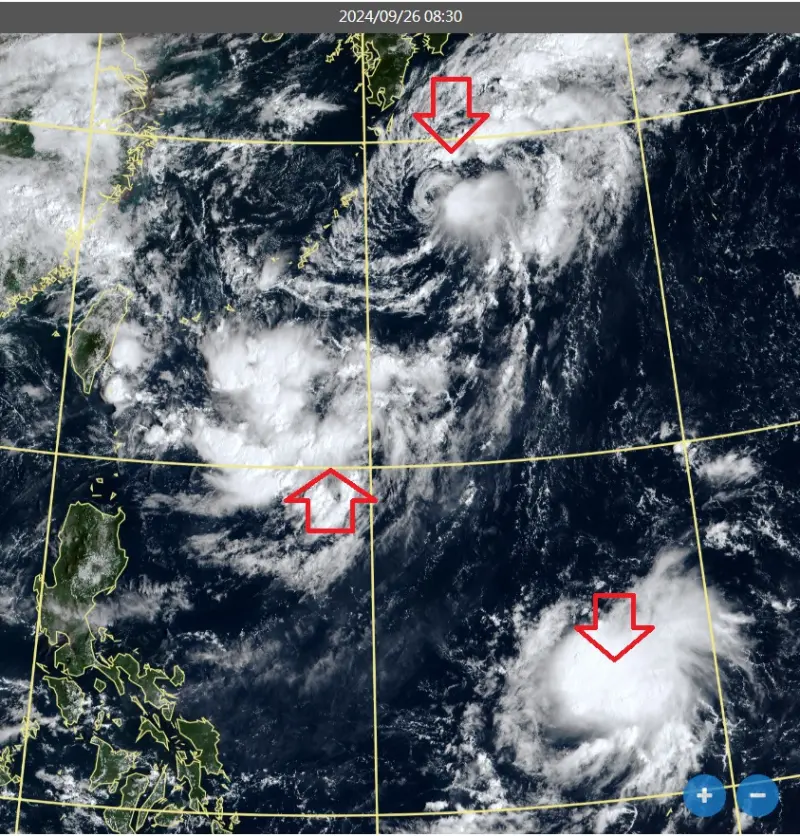 ▲目前太平洋海面共有3個旋轉雲團發展中，前中央氣象局長鄭明典表示，即便距離很遠，但熱帶氣旋還是會彼此影響，燕子颱風若生成預估往台灣來的機會很大，不過路徑有機會受到其他雲系影響。（圖／取自鄭明典FB）